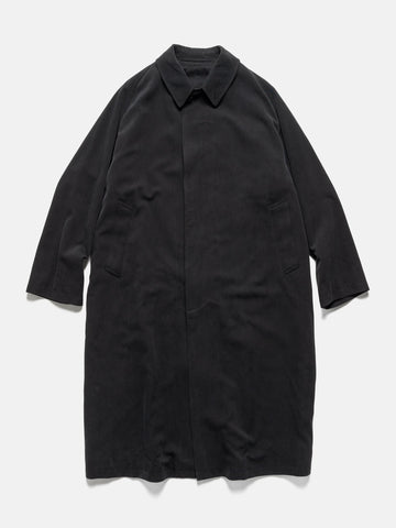 Flat shot of the A.PRESSE Maxi Length Washed Silk Balmacaan Coat in Black
