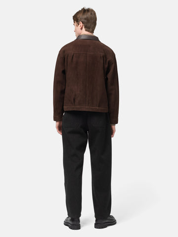 Rear shot fo the model wearing the A.PRESSE Suede Leather 1st Type Jacket in  Brown