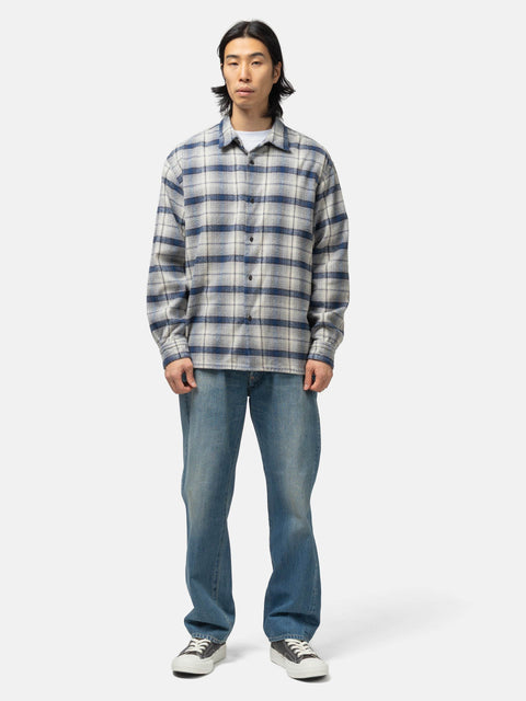 A.PRESSE Vintage Cotton Silk Nep Twill Check Shirt Navy, Shirts