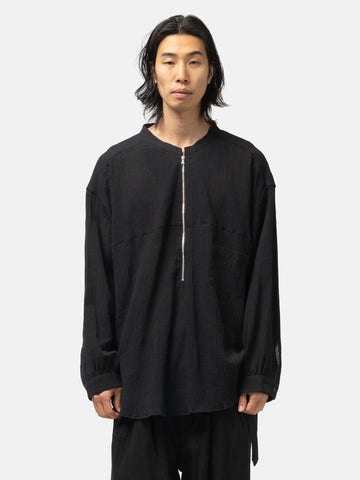 ANCELLM Striped Crepe Half Zip Shirt Black, Shirts