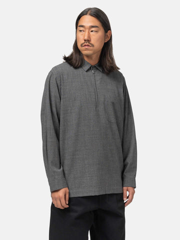 ATON Zip-Up Shirt Twist Wool Washer Charcoal Moku, Shirts