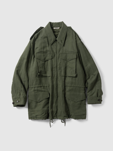 AURALEE Brushed Silk Linen Satin Padded Military Blouson Olive, Coats