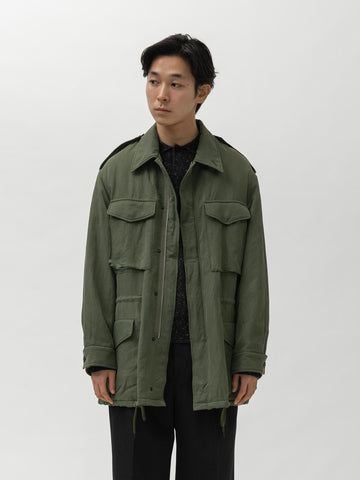 AURALEE Brushed Silk Linen Satin Padded Military Blouson Olive, Coats
