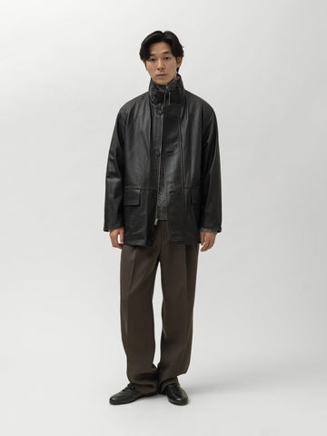 AURALEE Reversible Wool Twisted Twill / Lamb Leather Half Coat Brown Chambray x Black, Coats