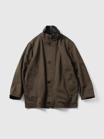 AURALEE Reversible Wool Twisted Twill / Lamb Leather Half Coat Brown Chambray x Black, Coats