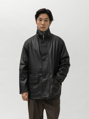 AURALEE Reversible Wool Twisted Twill / Lamb Leather Half Coat Brown Chambray x Black, Coats