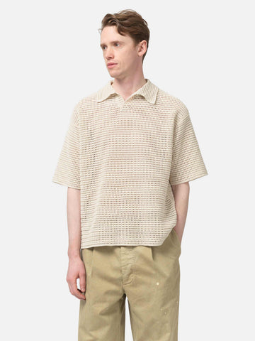 AURALEE Tussah Silk Cotton Mesh Knit Skipper Polo Ivory, Shirts