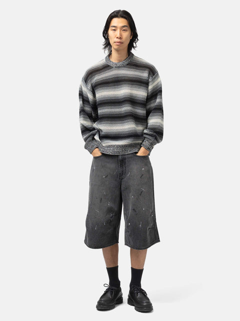 BEAMS Mesh Stripe Crew Neck Black, Sweaters