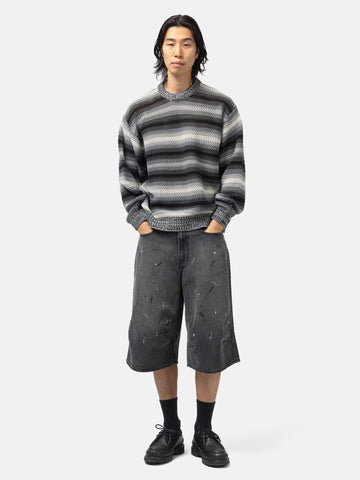BEAMS Mesh Stripe Crew Neck Black, Sweaters