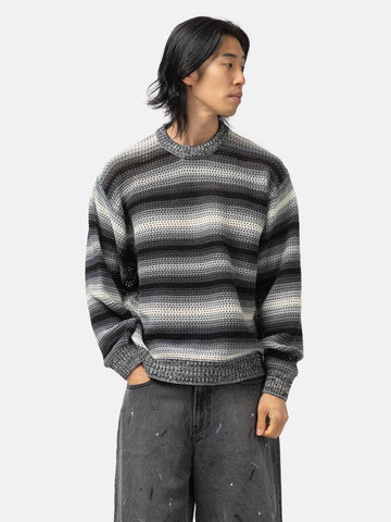 BEAMS Mesh Stripe Crew Neck Black, Sweaters