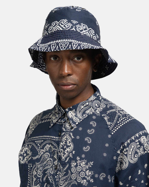 KAPITAL Bandana Patchwork BUCKET Hat Purple Navy, Hats