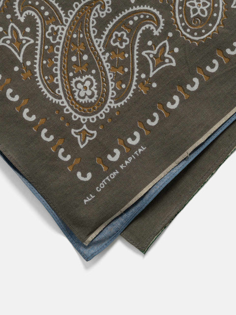 KAPITAL Fastcolor Selvedge Bandanna (PaisleyPatchwork) KHAKIxSAX, Bandanas