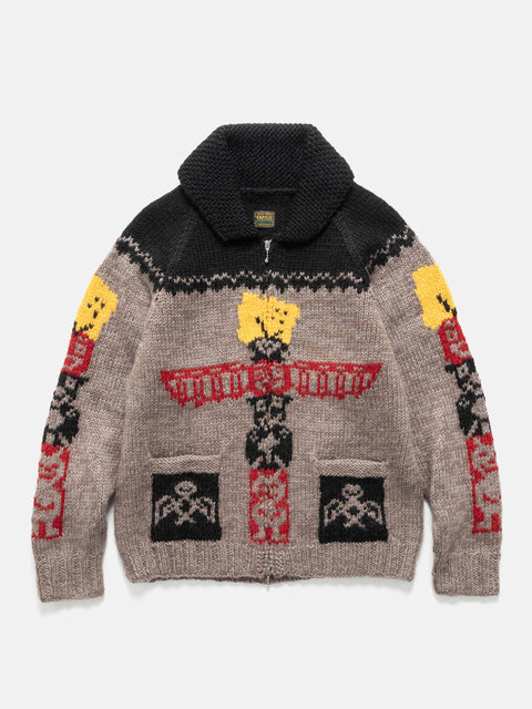 Flat shot of the KAPITAL Hand Knit PECKISH TOTEM POLE Zip Cardigan Brown Beige