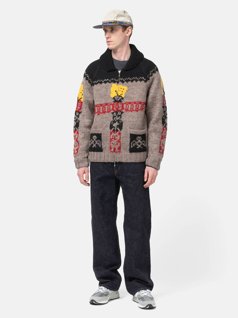 KAPITAL Hand Knit PECKISH TOTEM POLE Zip Cardigan Brown Beige, Cardigans