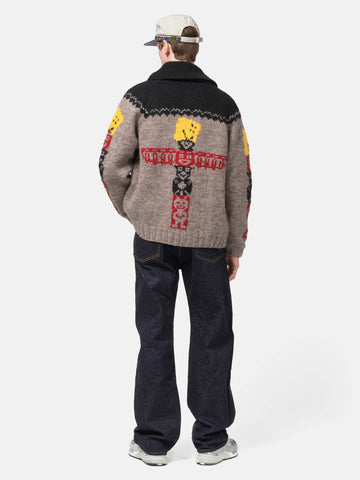 KAPITAL Hand Knit PECKISH TOTEM POLE Zip Cardigan Brown Beige, Cardigans