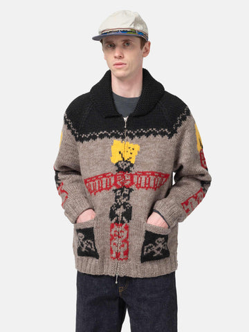 KAPITAL Hand Knit PECKISH TOTEM POLE Zip Cardigan Brown Beige, Cardigans