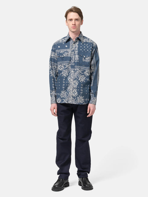 full-body view of model wearing the KAPITAL Viyella Flannel Bandanna HUSKY Western Shirt Navy