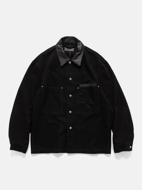 LEMAIRE Workwear Overshirt with Leather Collar Black, Jackets