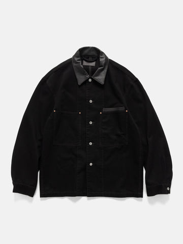 LEMAIRE Workwear Overshirt with Leather Collar Black, Jackets