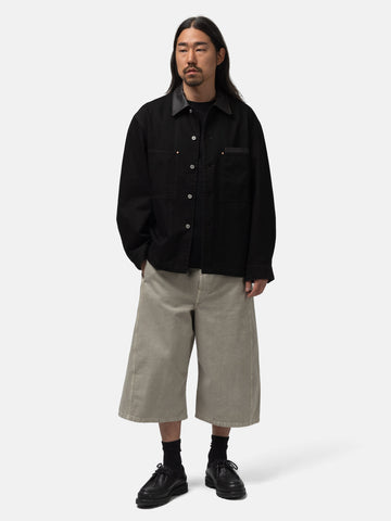 LEMAIRE Workwear Overshirt with Leather Collar Black, Jackets
