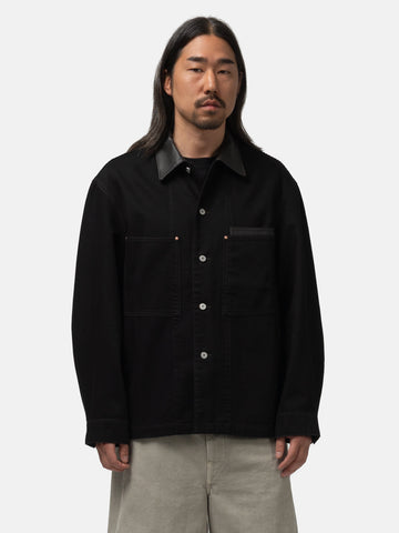 LEMAIRE Workwear Overshirt with Leather Collar Black, Jackets
