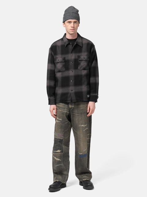 full-body view of model wearing NEIGHBORHOOD Buffalo Check Shirt LS Gray