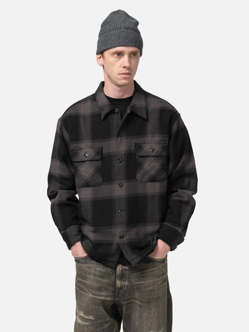 Hafl-body view of model wearing NEIGHBORHOOD Buffalo Check Shirt LS Gray