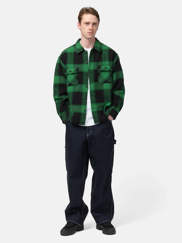 full-body view of model wearing of the NEIGHBORHOOD Buffalo Check Shirt LS Green