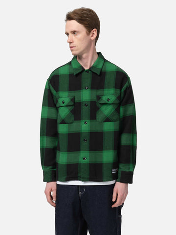 half-body view of model wearing of the NEIGHBORHOOD Buffalo Check Shirt LS Green