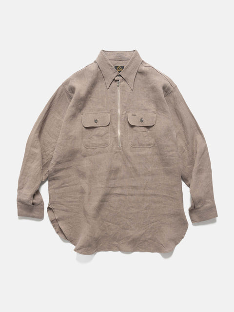 Needles Half Zip Work Shirt - Brushed Linen Canvas Taupe, Shirts