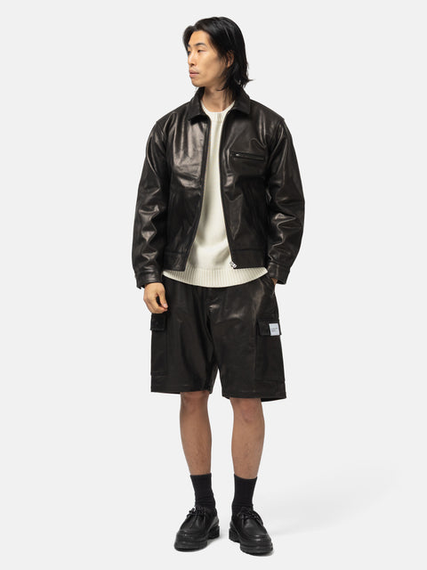 Full body shot of the model wearing the Neighborhood Leather Sports Jacket Black