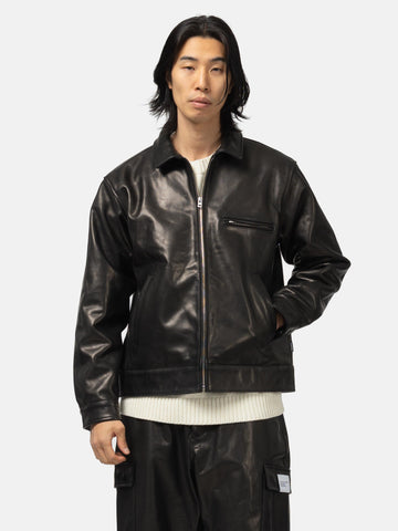 half body shot of the model wearing the Neighborhood Leather Sports Jacket Black