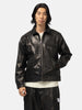 half body shot of the model wearing the Neighborhood Leather Sports Jacket Black