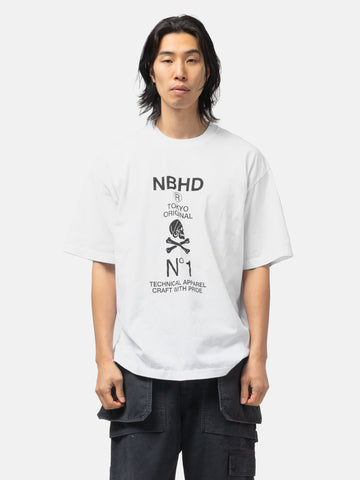Half body shot of the model wearing the Neighborhood NH . Tee SS-8 White