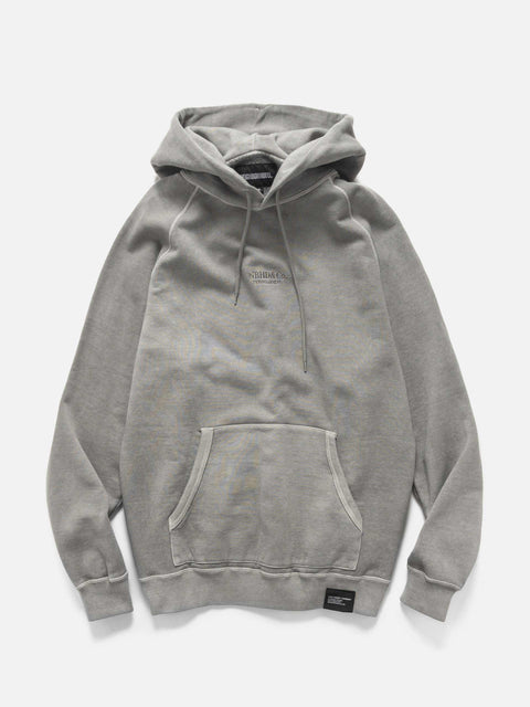 Flat shot of model wearing the Neighborhood Pigment Dyed Sweat Hoodie LS Gray