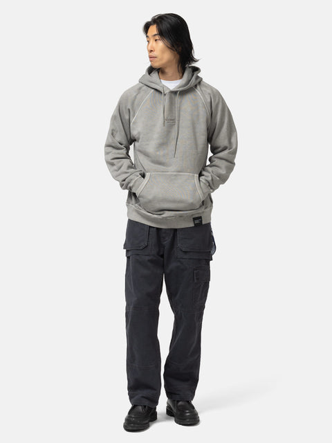 Full body shot of the model wearing the Neighborhood Pigment Dyed Sweat Hoodie LS Gray