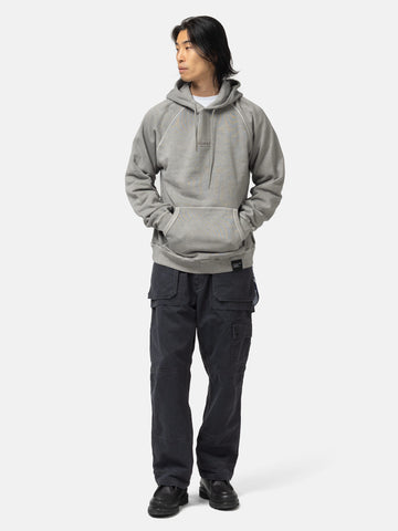 Full body shot of the model wearing the Neighborhood Pigment Dyed Sweat Hoodie LS Gray