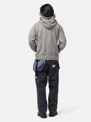 Back of the model wearing the Neighborhood Pigment Dyed Sweat Hoodie LS Gray