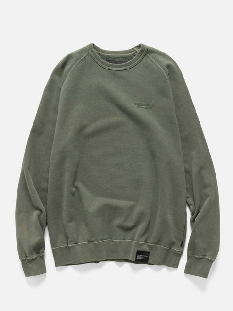 Flat shot of the Neighborhood Pigment Dyed Sweat Shirt LS Olive Drab