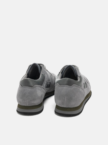 Rear view of the Reproduction of Found British Military Trainer in Grey premium suede and nylon photographed in studio.