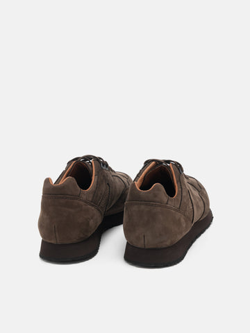 Rear view of the Reproduction of Found French Military Trainer in Brown nubuck leather photographed in studio.