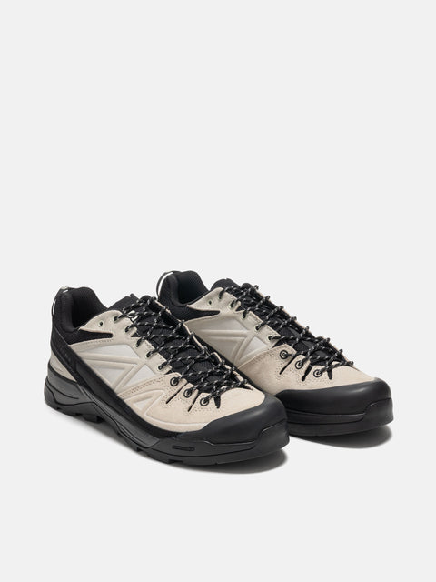 three quarter view of the Salomon X ALP LTR in Black and vanilla ice 