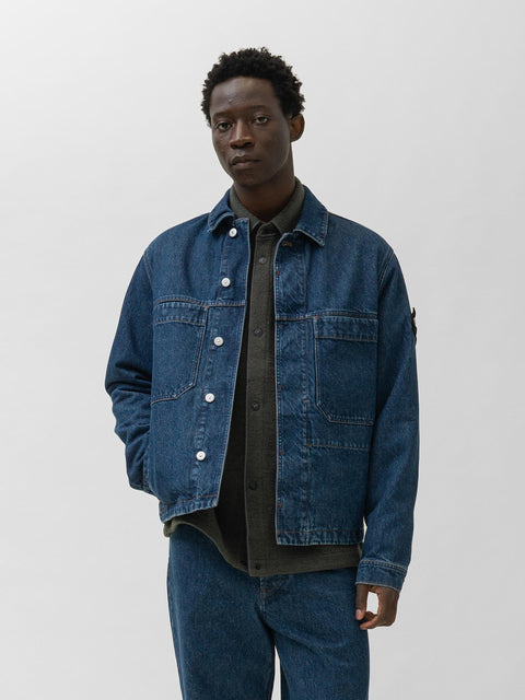 Stone Island Indigo Denim Medium Grainy Wash Biker Jacket, Jackets