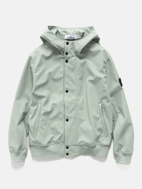 Flat shot of the Stone Island Light Soft Shell-R_E.Dye® Technology Hooded Jacket Sage