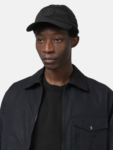 Close up of model wearing the Stone Island Nylon Metal Baseball Cap Black