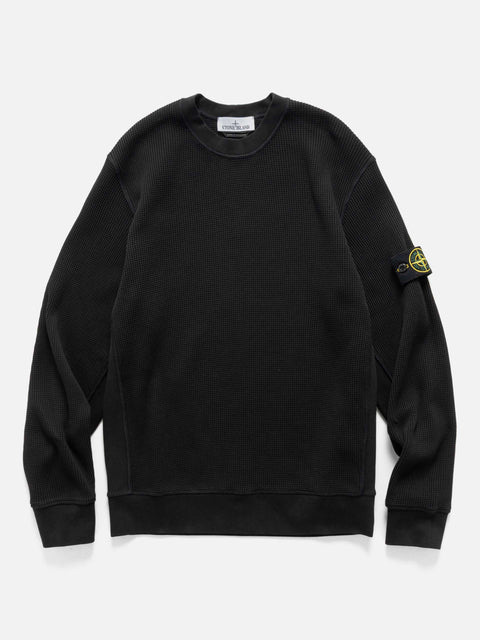 Front shot of the Stone Island Organic Cotton Waffle Fleece Crewneck Black