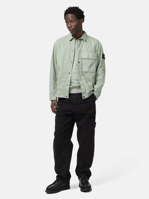 Full body shot of the model wearing the Stone Island Organic-Look Nylon Panama-TC Overshirt Sage