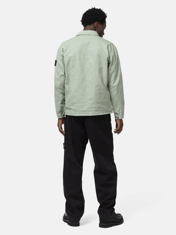 Back shot of the model wearing the Stone Island Organic-Look Nylon Panama-TC Overshirt Sage