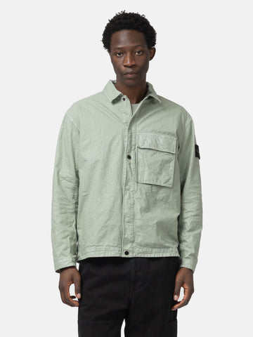 half body shot of the model wearing the Stone Island Organic-Look Nylon Panama-TC Overshirt Sage