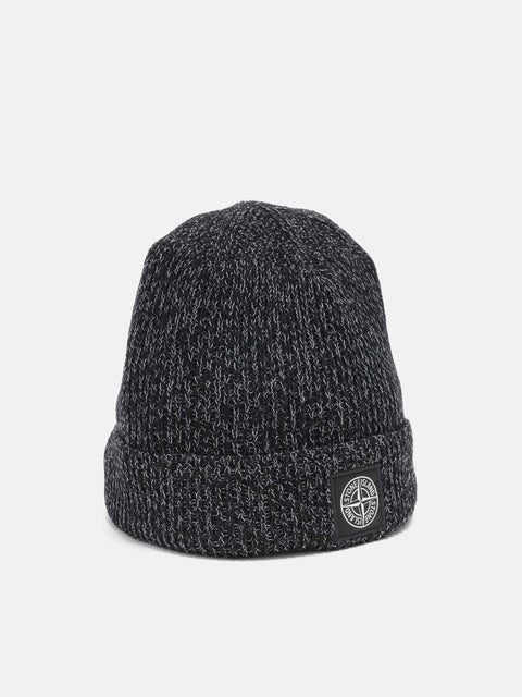 Stone Island Reflective Knit Compass Patch Beanie Black Melange, Beanies